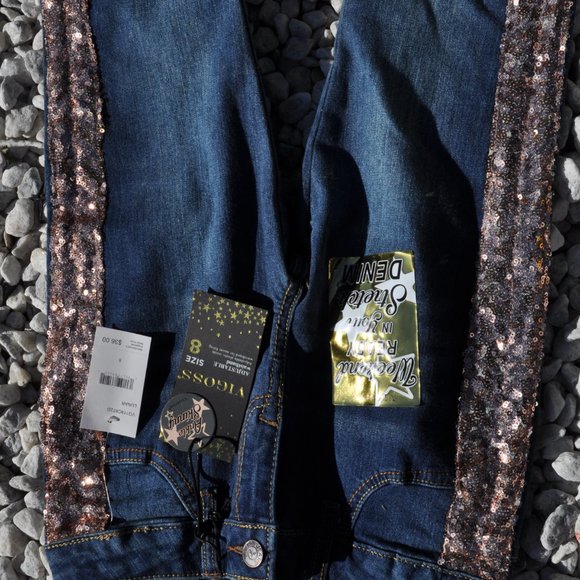 Girls' Skinny Jeans, Adjustable Girls Stretch Denim Sequin-Stripe Design Size 10 - Picture 2 of 5